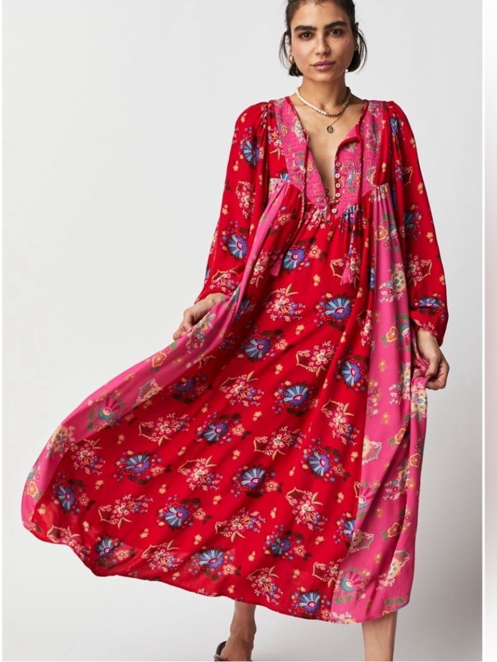 Spell & the Gypsy Dress Soltice Red Floral Midi Dress Pink Panels Size Medium